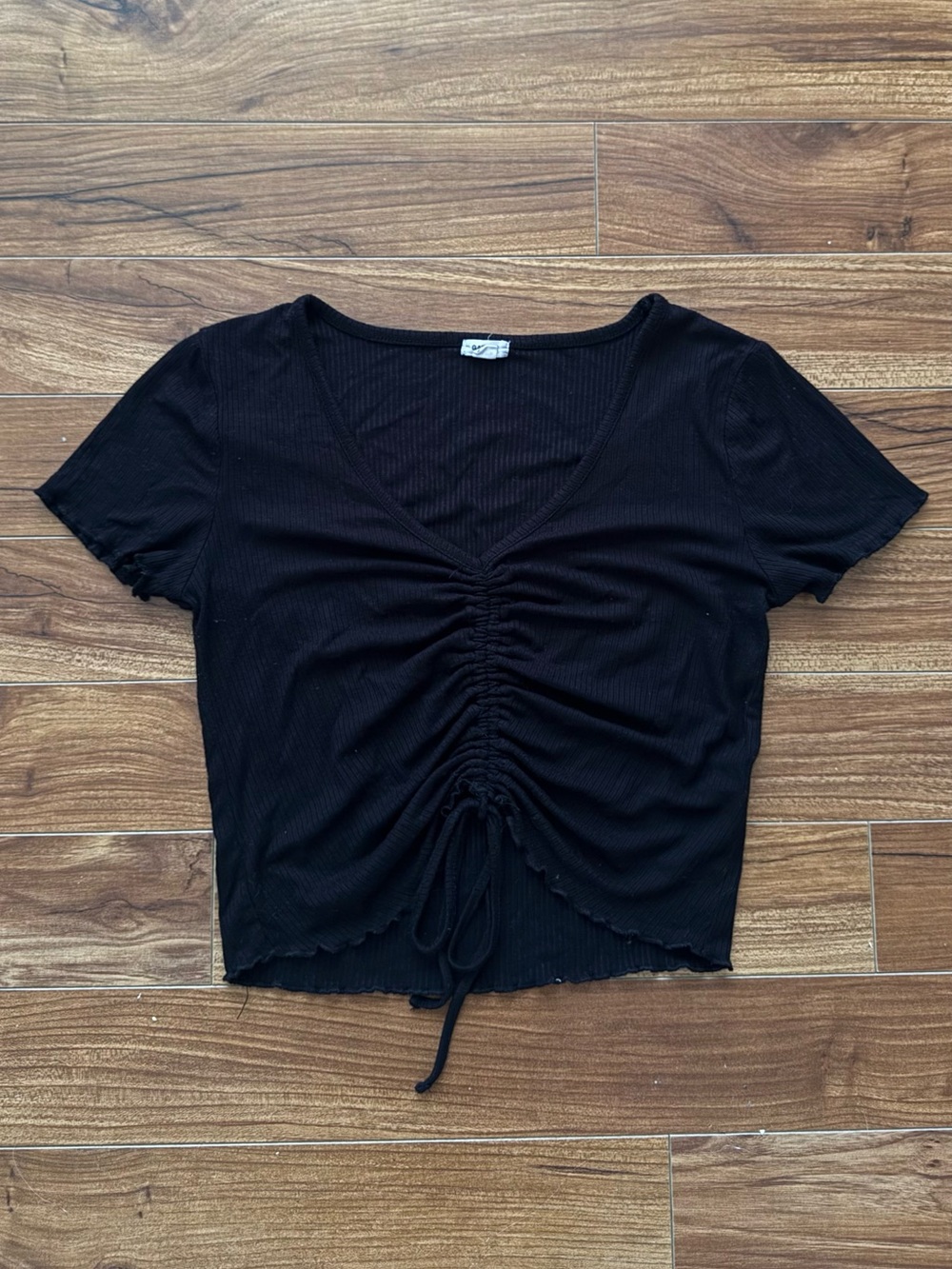 Garage Black Ribbed Ruched Drawstring Front Crop Top Size M